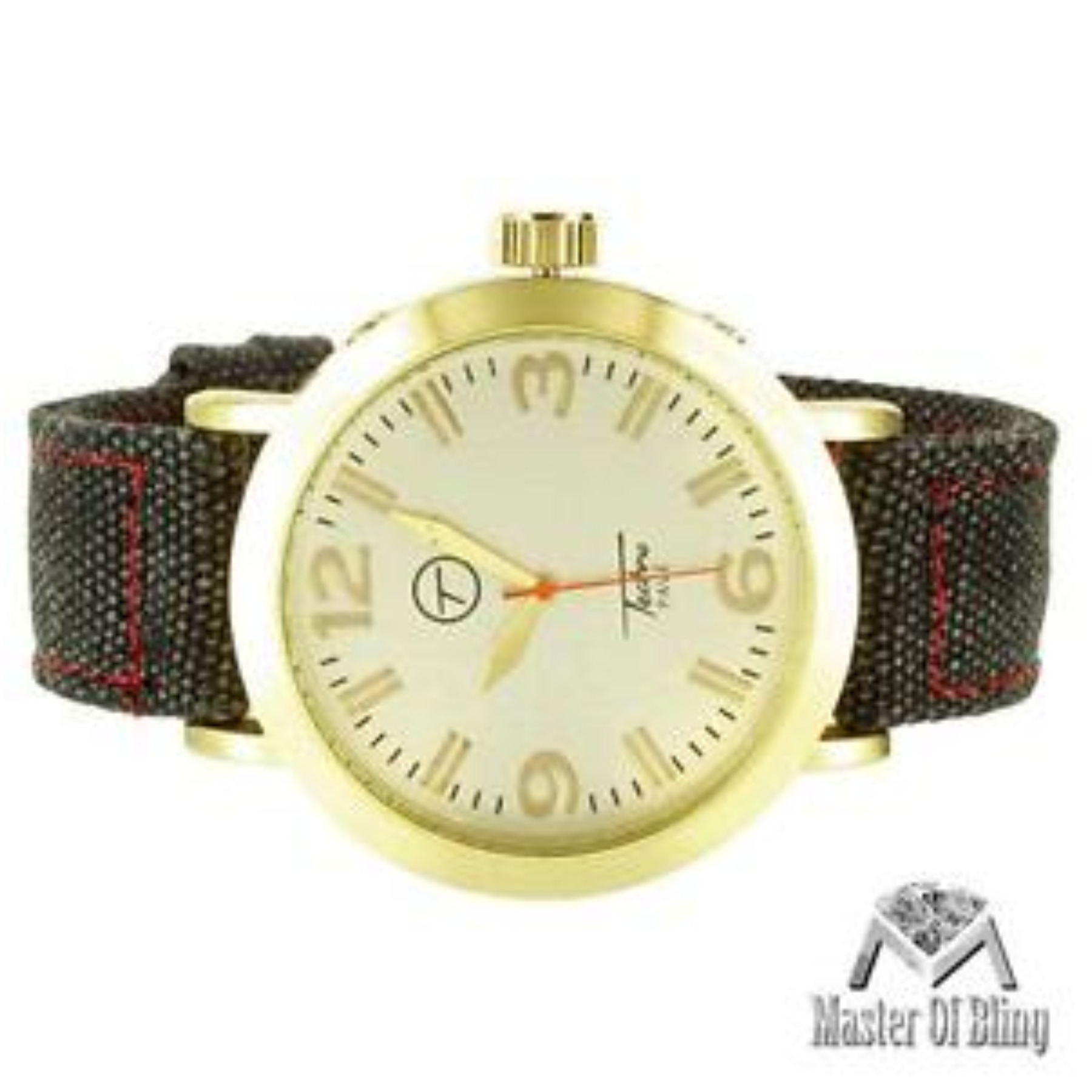 Jeans Cloth Band Wristwatch Gold Finish Techno Pave Milky White Dial